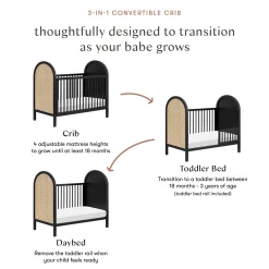 Bondi Cane 3-in-1 Convertible Crib with Toddler Bed Kit - Black / Natural Cane
