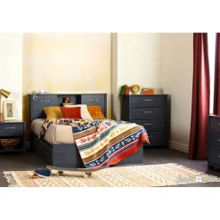 Double Bed Bookcase Headboard with Sliding Doors Asten - Blueberry