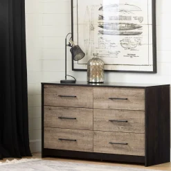 6-Drawer Double Dresser - Londen Rubbed Black and Weathered Oak