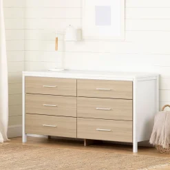 6-Drawer Double Dresser - Munich White and Soft Elm