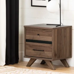 2-Drawer Nightstand - Flam Natural Walnut and Matte Black