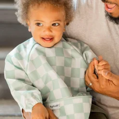 Mess-proof Full Sleeved Bib - Sage Checkers 6-24m