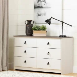 Plenny 6-Drawer Double Dresser Storage Unit - White Wash and Oak