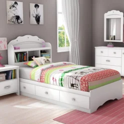 Tiara Mates Bed with Bookcase Headboard Set - Pure White