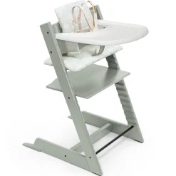 Tripp Trapp High Chair V2 Glacier Green, Mosaic Green Cushion and Strokke Whithe Tray